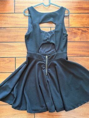 bebe Black Textured Fit-and-Flare Mini Dress with Cutout Back